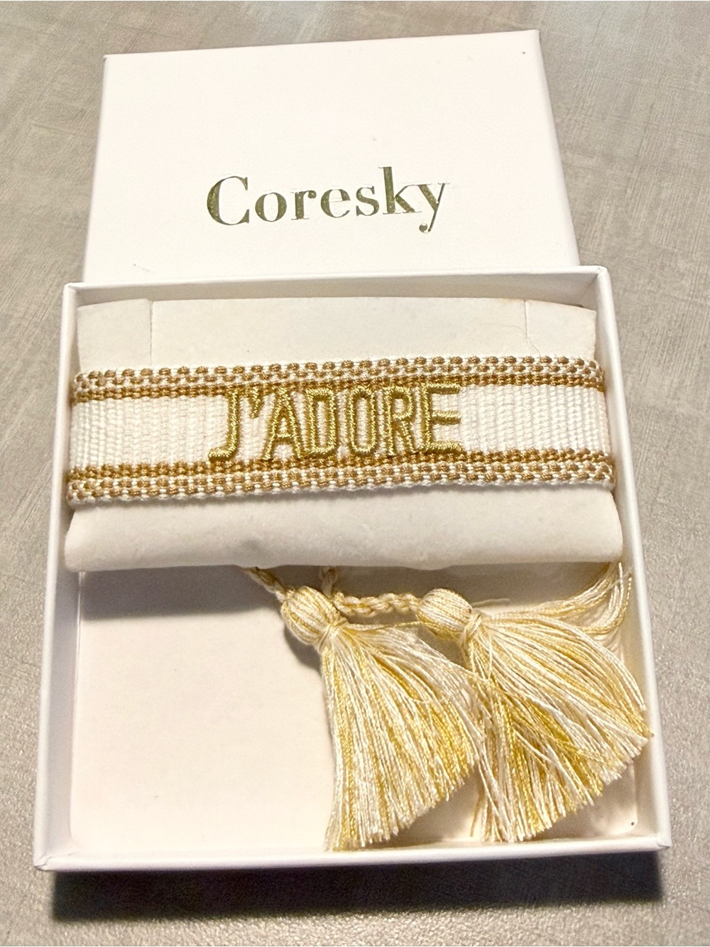 Dior J'ADORE White and Gold Woven Tassel Bracelet